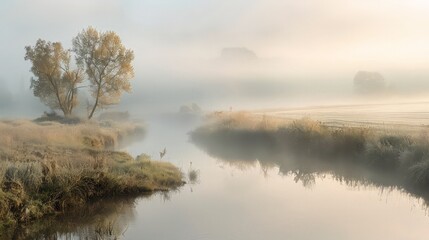 Fototapeta premium Morning fog over the river in the early morning light. Fishing concept