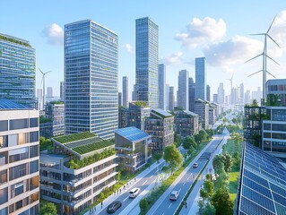 Obraz premium Gleaming Sustainable Cityscape with Integrated Renewable Energy Solutions and Green Infrastructure