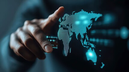 A person interacts with a digital map of the world, showcasing advanced technology and connectivity through vivid blue visuals.