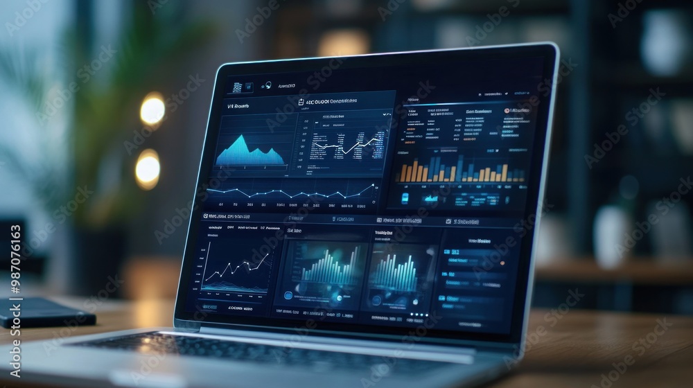 Poster laptop on the table contains a comprehensive e-commerce analytics dashboard displaying real time sal