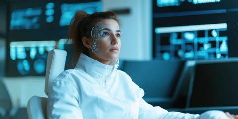 Futuristic Woman with Digital Interface Overlay Analyzing Data
