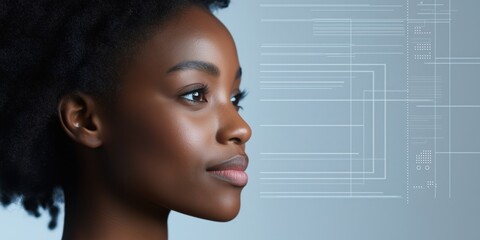 Futuristic Woman with Digital Interface Overlay Analyzing Data