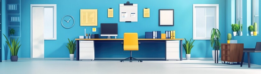 Bright and modern office space featuring a blue wall, stylish desk, and plants for a refreshing work environment.