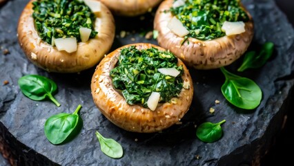 Mushrooms stuffed with spinach and cheese on a stone plate.