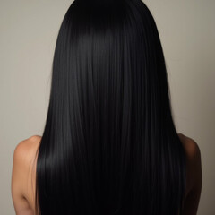 Fototapeta premium Smooth, straight black hair flows elegantly down back, highlighting its healthy shine and uniform color, illuminated by soft lighting, creating striking look. Hair care, the effect of cosmetics. AI