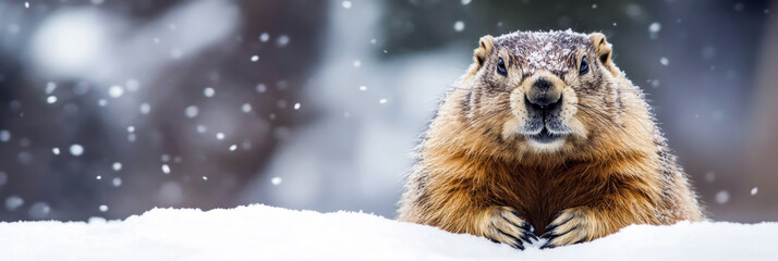 Fluffy groundhog in snow. Groundhog Day. Horizontal banner. Free space for text. Copy space. Groundhog (Marmota monax), woodchuck, marmot. Wildlife protection concept