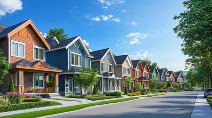 Obraz premium Charming suburban neighborhood with colorful houses lining a peaceful street under a blue sky filled with fluffy clouds.