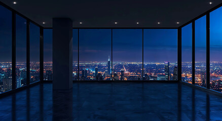 Empty room of high rise penthouse with panoramic window view of city lights at night