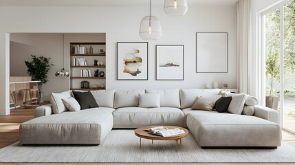 Fototapeta premium Inviting and Cozy Modern Living Room with Large Comfortable Sectional Sofa Minimalist Stylish Decor