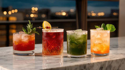 Assorted colorful cocktails served on a marble bar counter with blurred city lights in the background during evening hours