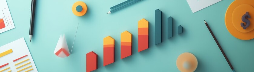 Colorful financial elements on a teal background showcasing growth and analysis in modern business settings.