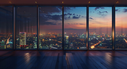Empty room of high rise penthouse with panoramic window view of city lights at night