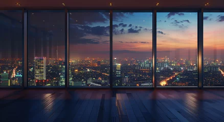 Papier peint photo Architecture Empty room of high rise penthouse with panoramic window view of city lights at night  © Ranju