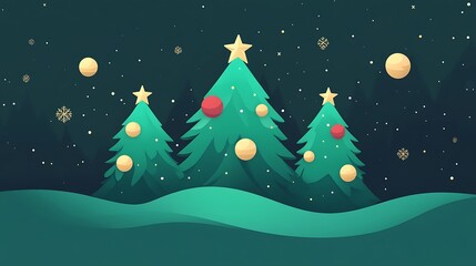 Web Design Theme with Flat Christmas Tree Icons and Gold Baubles