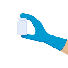 Hand In Blue Medical Glove Holding Medicine Bottle, Isolated On White Background. Flat Vector Illustration