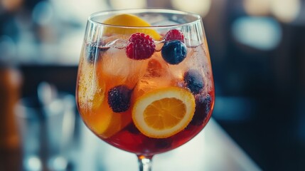 A chilled glass of sangria filled with fresh oranges, lemons, and berries, served in a large wine glass with ice