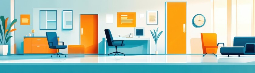 Modern office interior featuring vibrant colors, contemporary furniture, and a bright, open layout for creative inspiration.