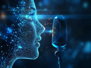 A glowing blue digital human sings into a microphone.