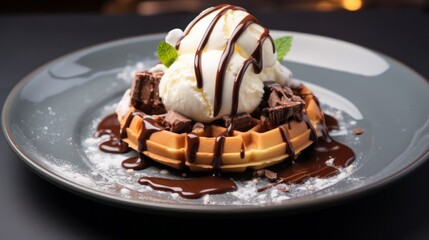 Plate of belgian waffle dessert decorated with cream and ice cream. Neural network ai generated art