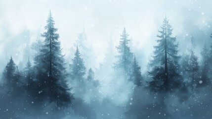Obraz premium Serene Forest Scene with Tall Pine Trees Covered in Snow and Light Mist