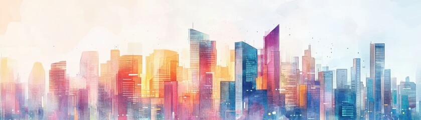 Stunning watercolor city skyline featuring vibrant colors and artistic buildings. Perfect for modern design projects.
