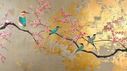 birds on a branch painting in chinoiseries style	
