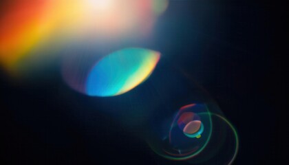 Abstract Colorful Lens Flare and Light Refractions on a Dark Background with Rainbow Bokeh Effects. Glowing Prismatic Orbs and Radiating Sunbeams in a Dreamy, Ethereal, and Vibrant Atmosphere