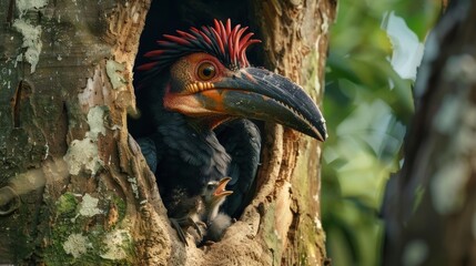Naklejka premium Close up Portrait of Vibrant Tropical Bird Perching on Tree Branch in Lush Jungle Foliage
