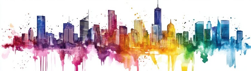 Fototapeta premium Vibrant city skyline silhouette with colorful watercolor splashes, representing urban life and creativity.