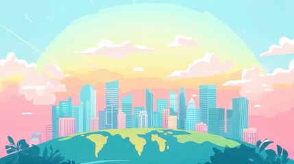 Fototapeta premium Vibrant city skyline with a colorful sunset backdrop, illustrating a harmonious blend of nature and urban life.