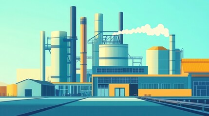 Vibrant industrial landscape showcasing modern factories with smokestacks and clear blue sky, representing manufacturing and production.