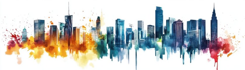 Obraz premium Vibrant watercolor city skyline, showcasing a burst of colors and artistic flair, perfect for urban-themed projects and designs.