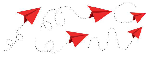 Paper plane red dashed line doodle sketch style drawing. Path way, follow idea. Business or travel design element. Paper aeroplane