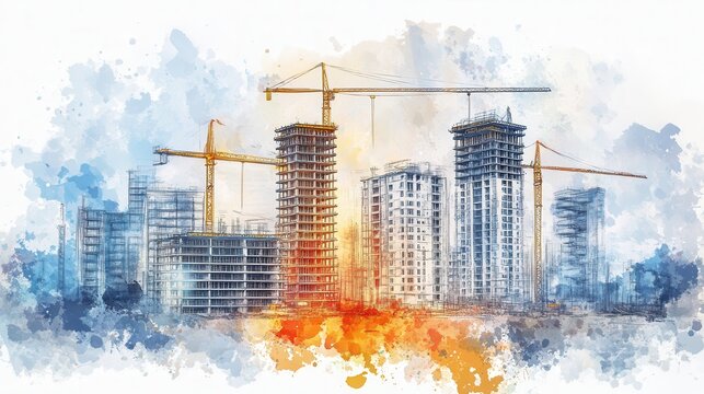 Vibrant watercolor illustration of a modern construction site with cranes and buildings, symbolizing urban development and progress.