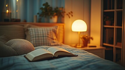 A Cozy Bedroom Scene with an Open Book on a Bed Under Warm Lamplight