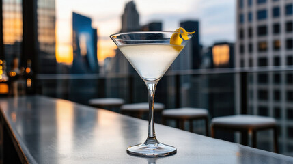 Elegant cocktail served in a martini glass with a lemon twist against a city skyline at sunset