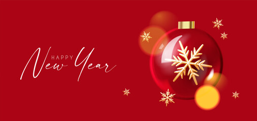 Naklejka premium Happy New Year celebration with 3D glass ball and gold snowflakes
