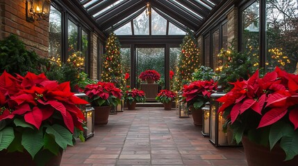 Obraz premium Festive Christmas Conservatory with Potted Poinsettias