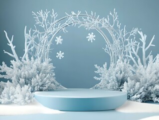 A serene winter scene featuring a snow-covered landscape with a circular arch and frosty trees, evoking a tranquil and festive atmosphere.
