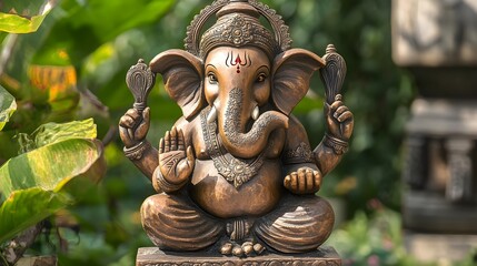Fototapeta premium Ornate Ganesha Statue Guarding Home Entrance with Lush Greenery