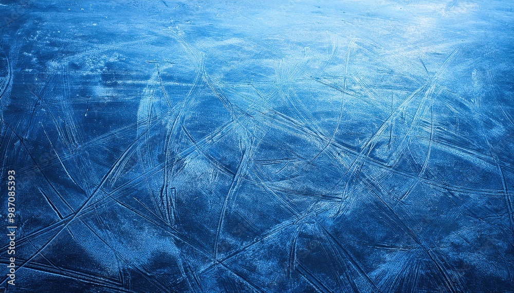 Poster close-up of skating rink ice surface with intricate skate blade marks and scratches, capturing the t