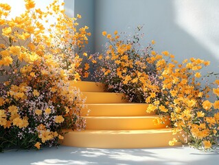 A vibrant scene featuring bright yellow flowers cascading around a staircase, creating a welcoming and cheerful atmosphere.
