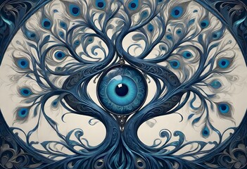 A surreal illustration of an eye integrated into a tree with peacock feathers as leaves, creating a mystical and artistic effect, Generative AI.