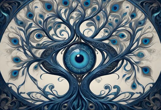 A surreal illustration of an eye integrated into a tree with peacock feathers as leaves, creating a mystical and artistic effect, Generative AI.