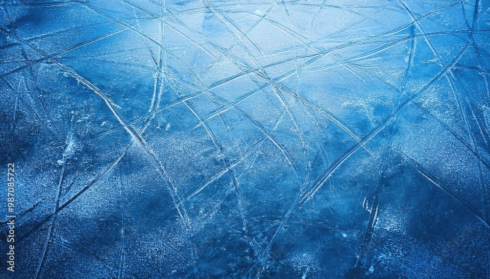 Poster close-up of skating rink ice surface with intricate skate blade marks and scratches, capturing the t