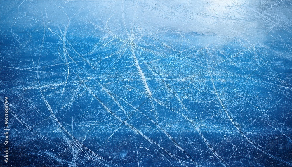 Poster close-up of skating rink ice surface with intricate skate blade marks and scratches, capturing the t