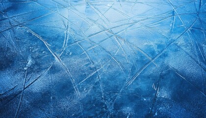 Close-Up of Skating Rink Ice Surface with Intricate Skate Blade Marks and Scratches, Capturing the Texture and Movement of Winter Sports in a Cold, Frosty Atmosphere