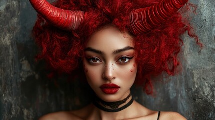 a stunning young woman featuring bold red horns as part of her look