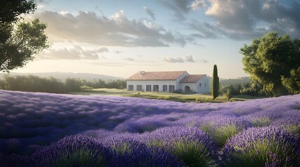 Picturesque Lavender Filled Countryside Landscape with Farmhouse and Cypress Trees