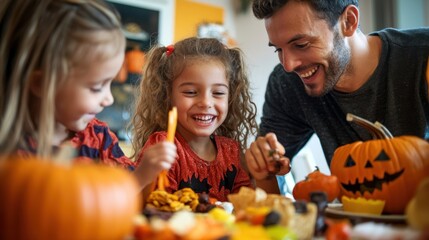 Fototapeta premium A family enjoying Halloween-themed snacks and treats at a festive party